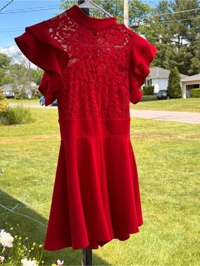 Girls Red Lace Ruffle Sleeve Romper
